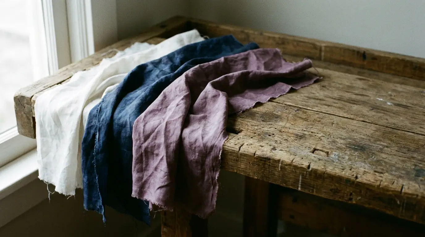 Natural fabric swatches in white, blue, and purple on rustic wooden table in soft daylight