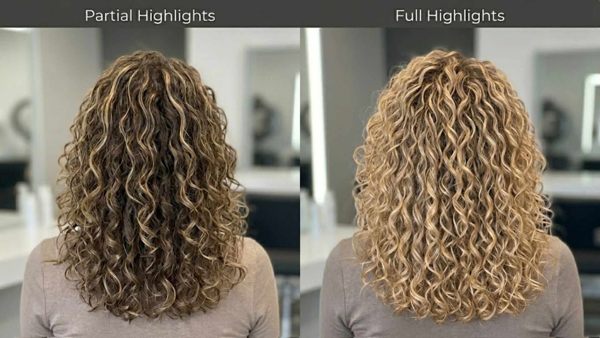 Side-by-side comparison of partial vs full highlights on curly hair showing contrast in brightness and curl definition