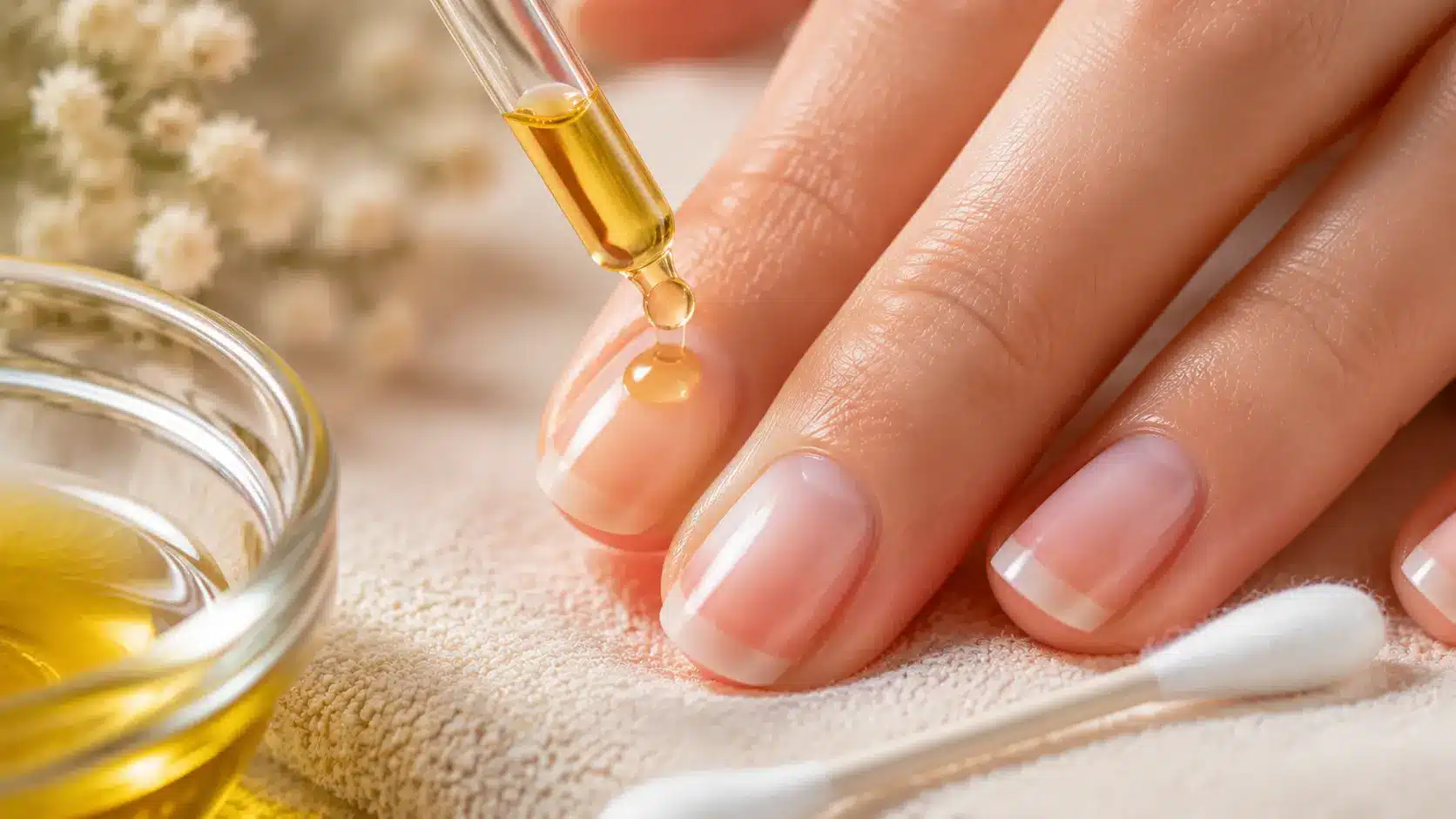 Cuticle oil being applied directly onto a natural fingernail
