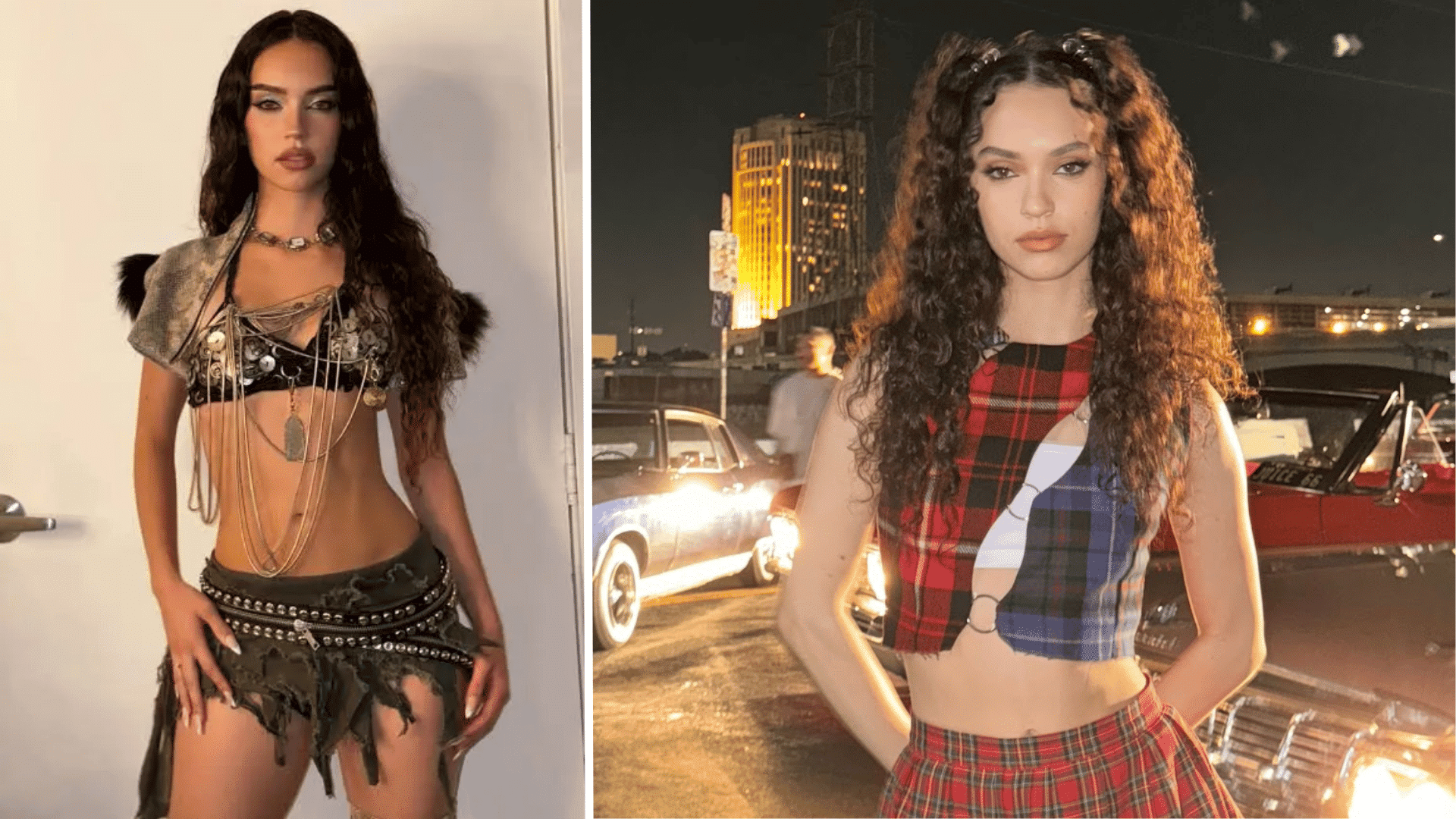 Side-by-side images of Daniela Avanzini, one in a black and silver chain outfit indoors, one in a red and blue plaid crop top outdoors at night