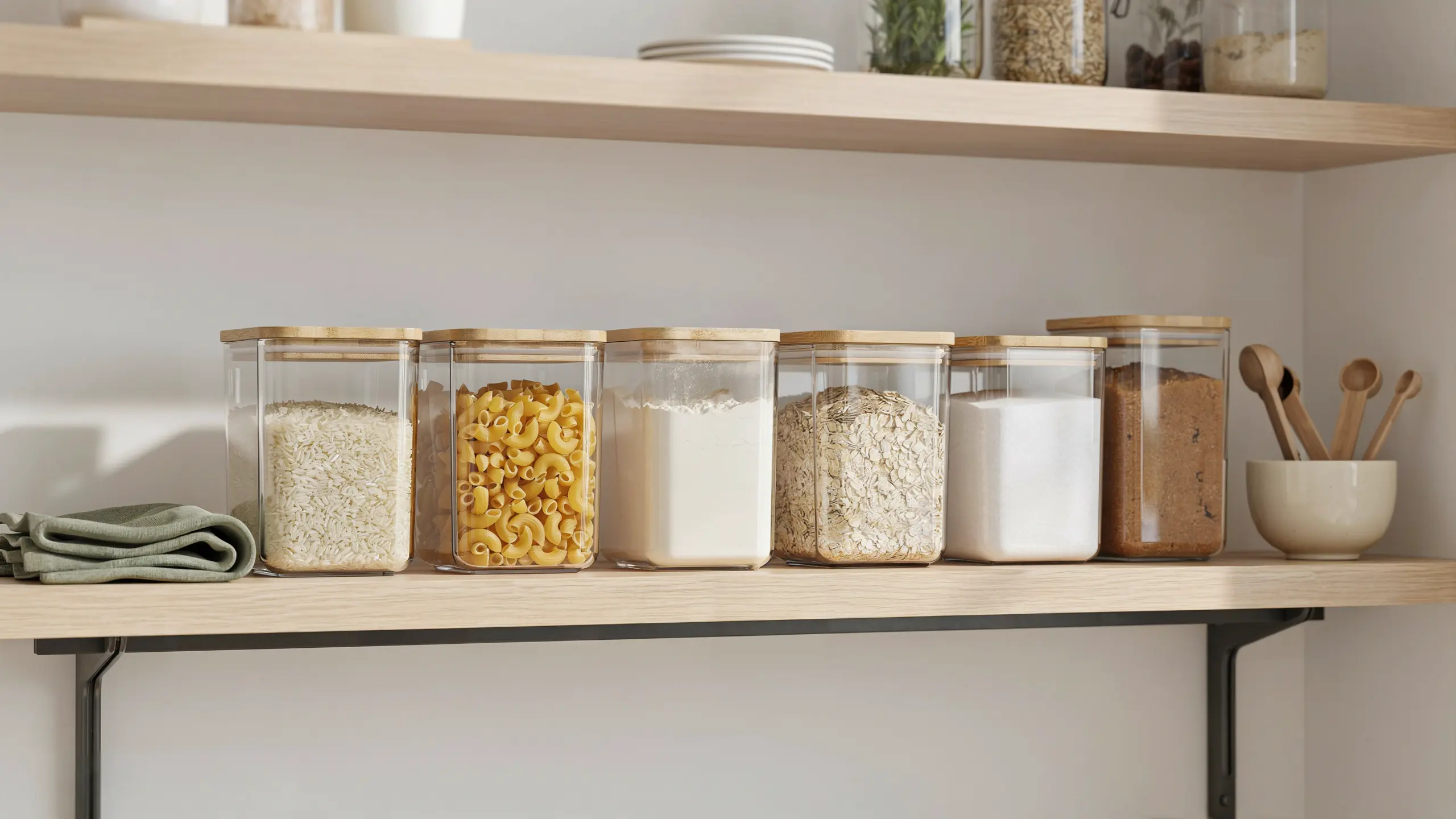 Clear containers storing dry goods like rice, pasta, and oats.