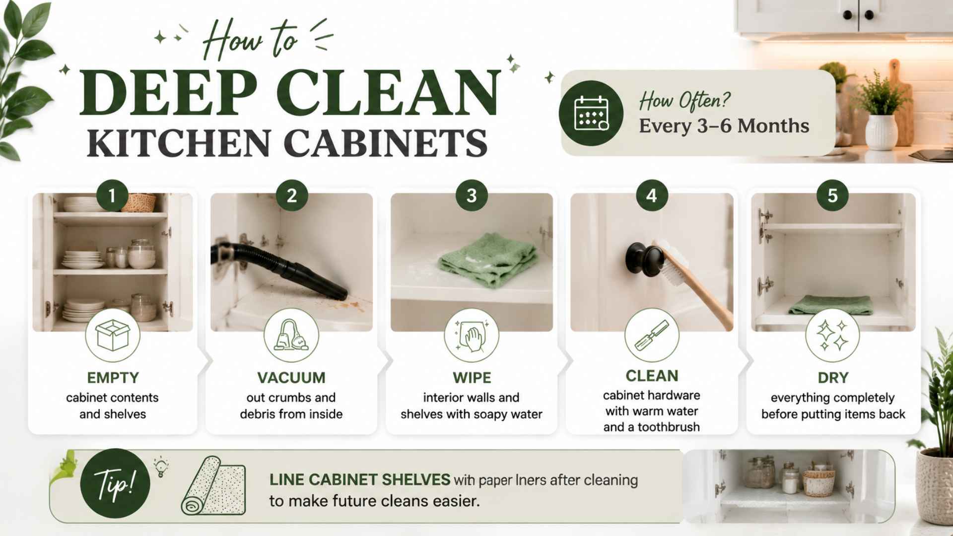 Minimalist infographic showing steps to deep clean kitchen cabinets with icons and tips.