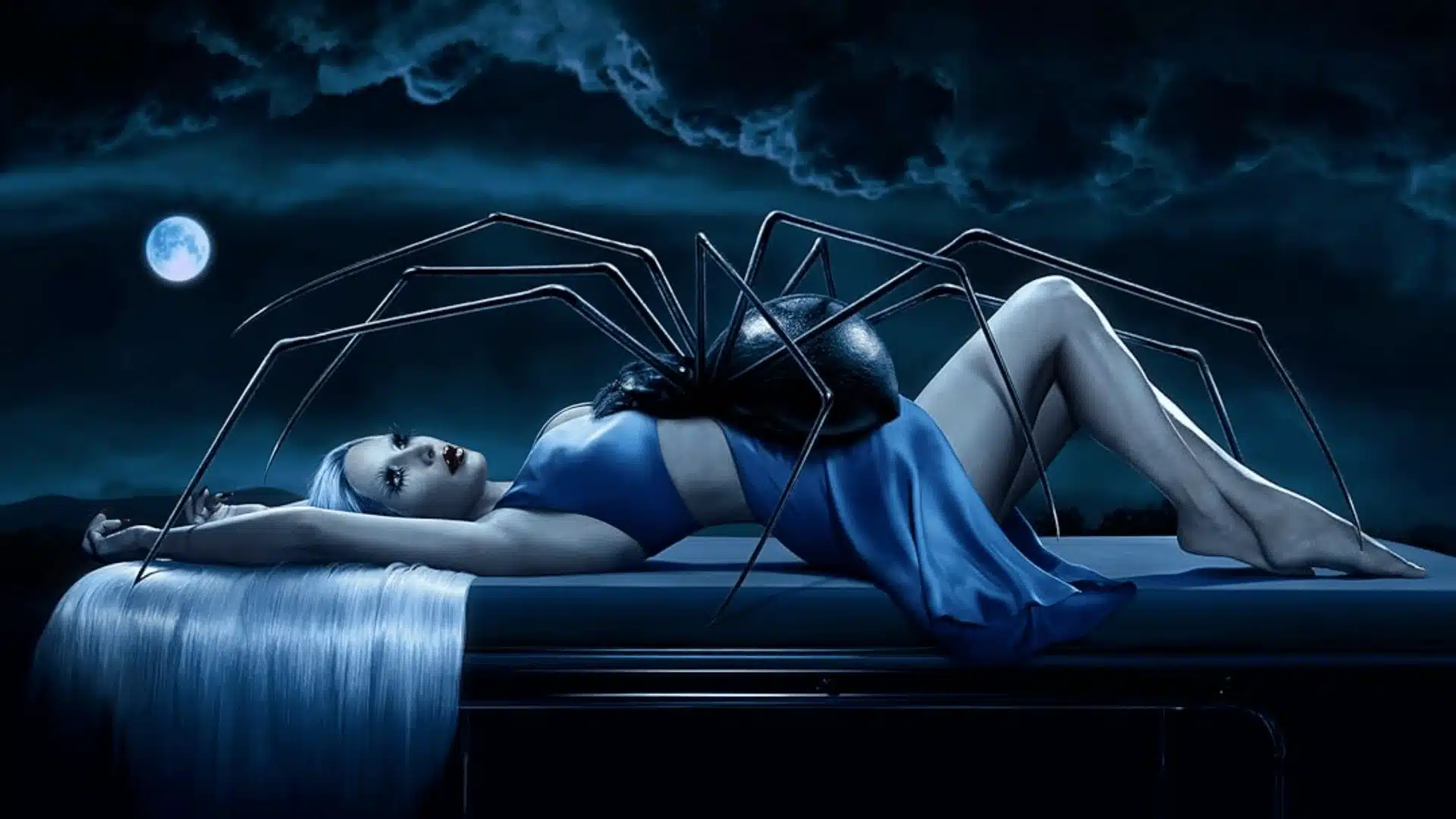 Woman lying on a table under a night sky with a full moon, a large spider positioned on her torso, wearing a blue dress with long white hair.