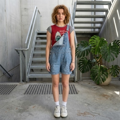 Young woman in red tee and denim overalls stands in industrial stairwell with plant nearby.