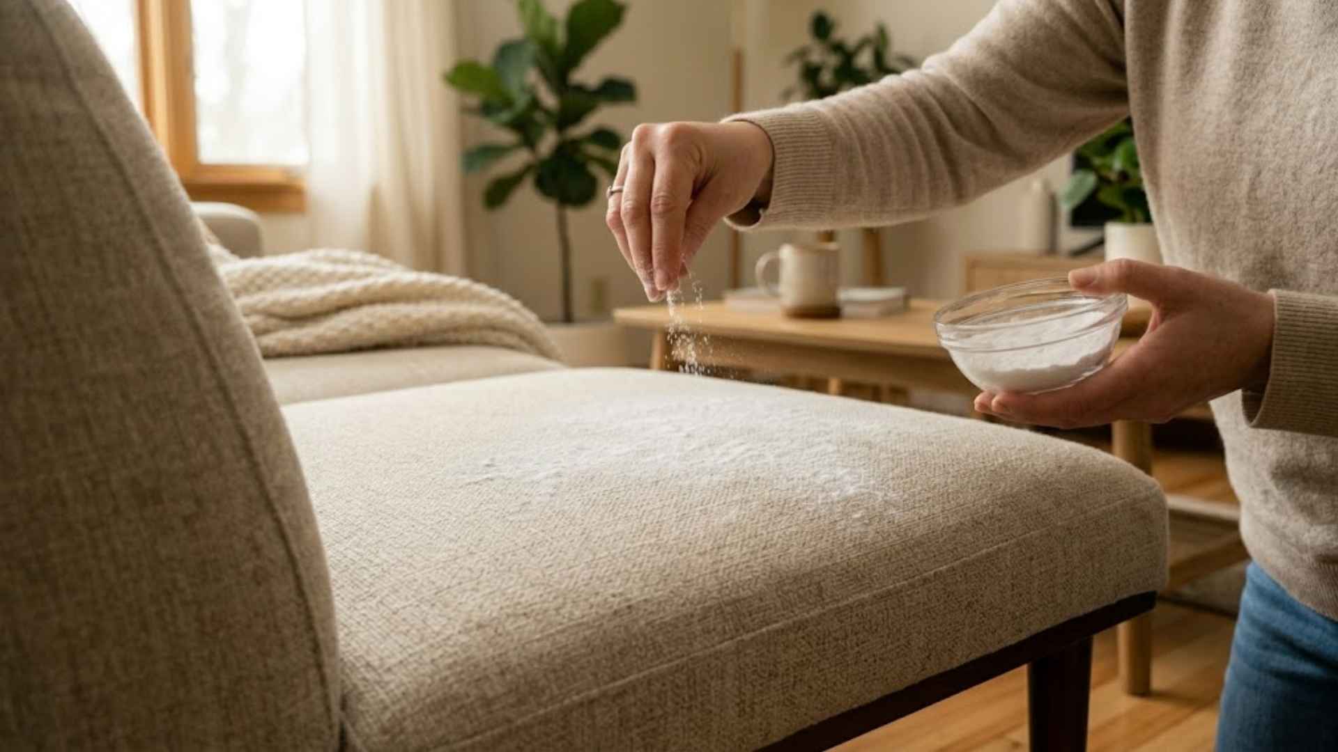 Woman sprinkling baking soda on sofa cushion, powder spreading evenly on beige fabric surface.