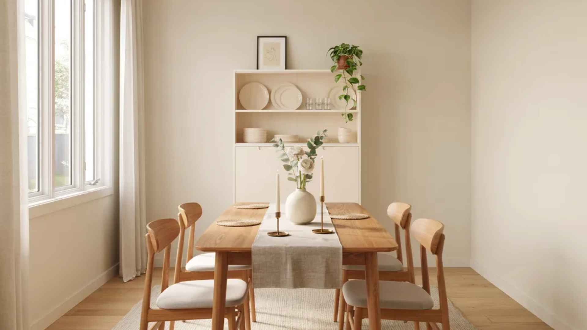 Minimalist dining room tidy with clear table, organized chairs, cabinets, linens, and decor, bright and inviting.