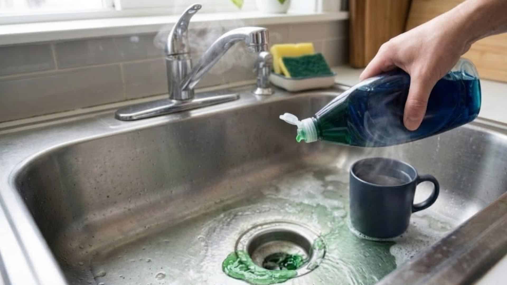 Hand pouring green liquid drain cleaner into a kitchen sink drain with a steaming mug beside it.