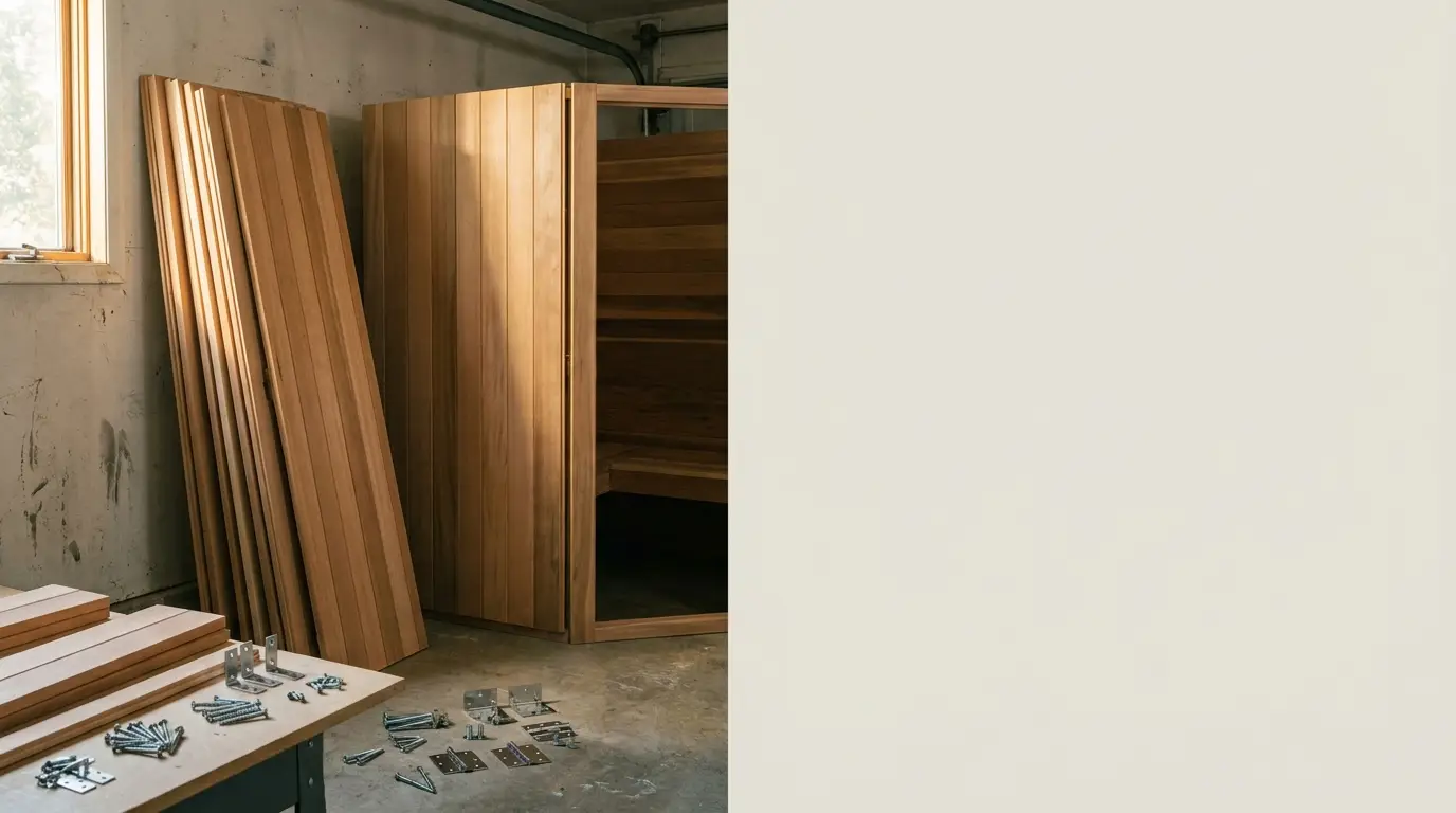 Wooden sauna construction with scattered metal brackets and screws in a workshop setting