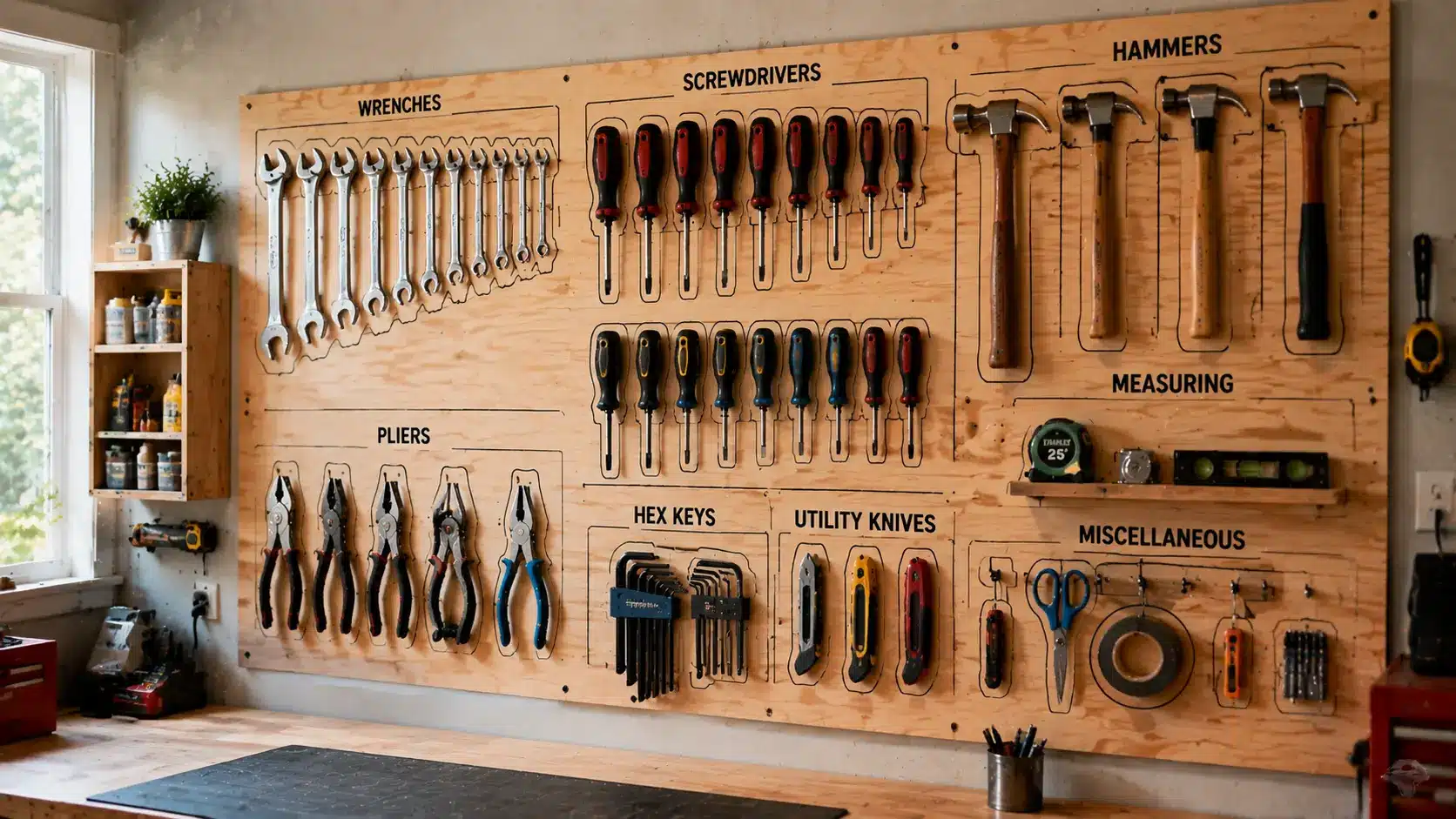 DIY shadow board with outlined tools on wall