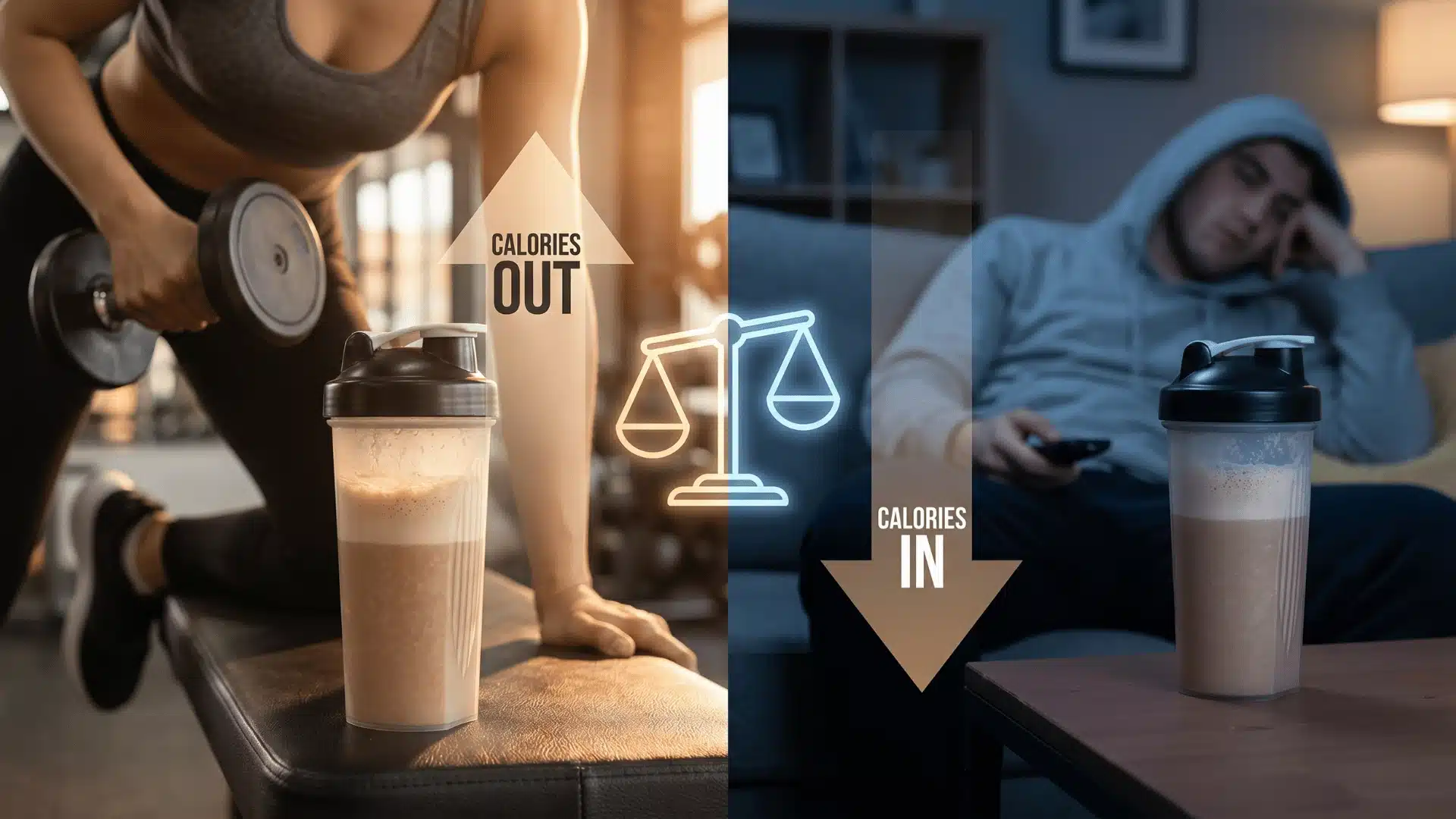 Workout vs no workout comparison with protein shake and calorie balance.