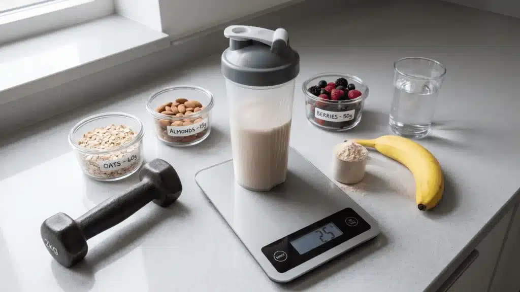Protein shake placed with fitness and nutrition elements representing calorie balance and weight management.