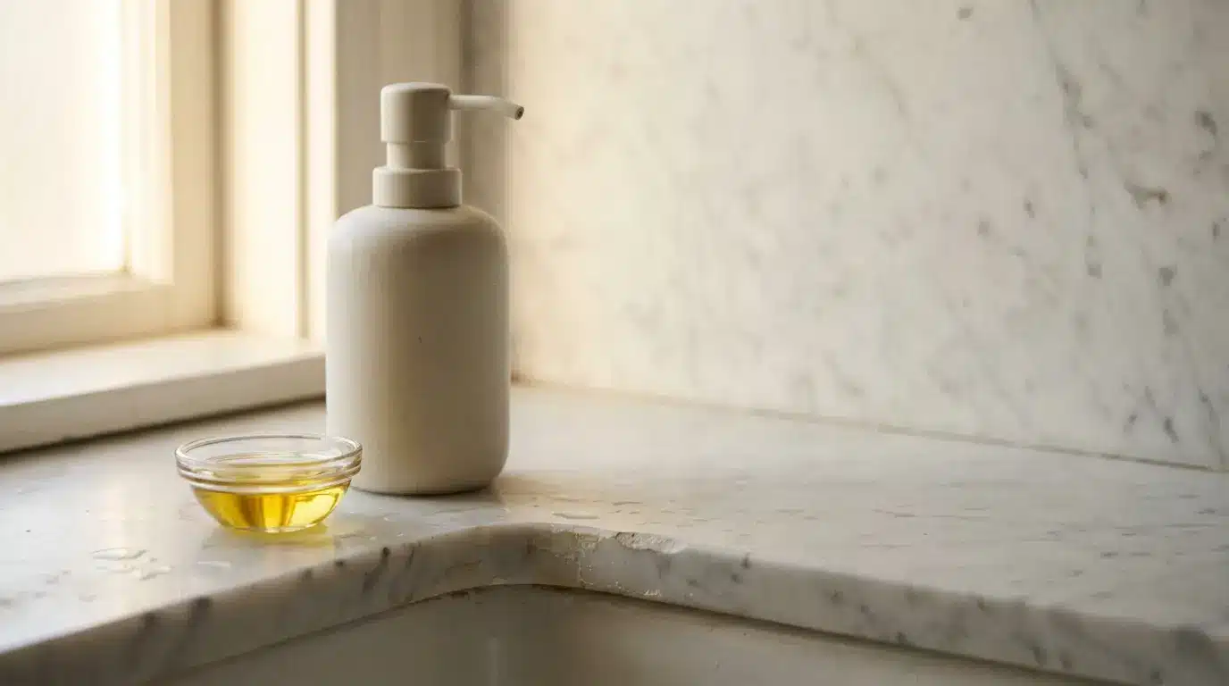 White pump bottle and small glass bowl on marble countertop in soft natural light