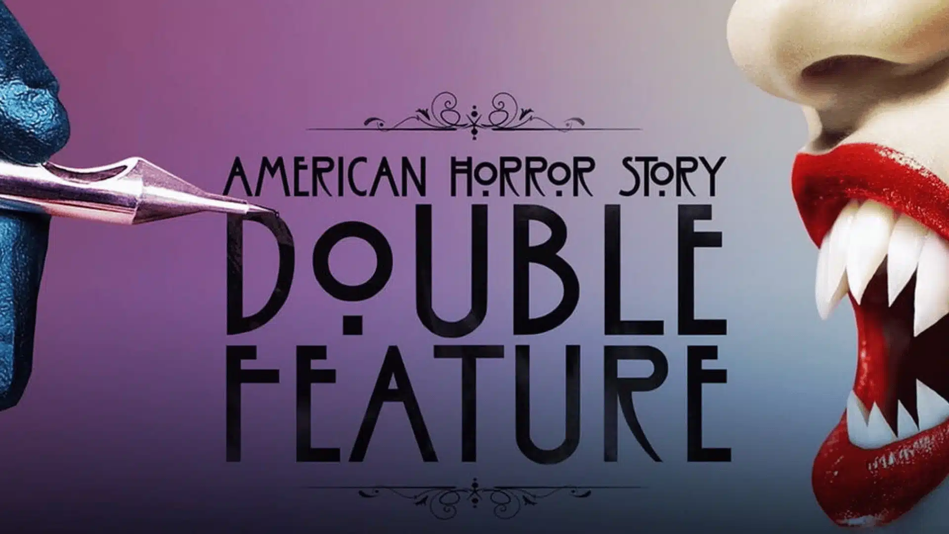 Close-up American Horror Story Double Feature poster showing painted hand applying lipstick on one side and a vampiric mouth with fangs on the other.