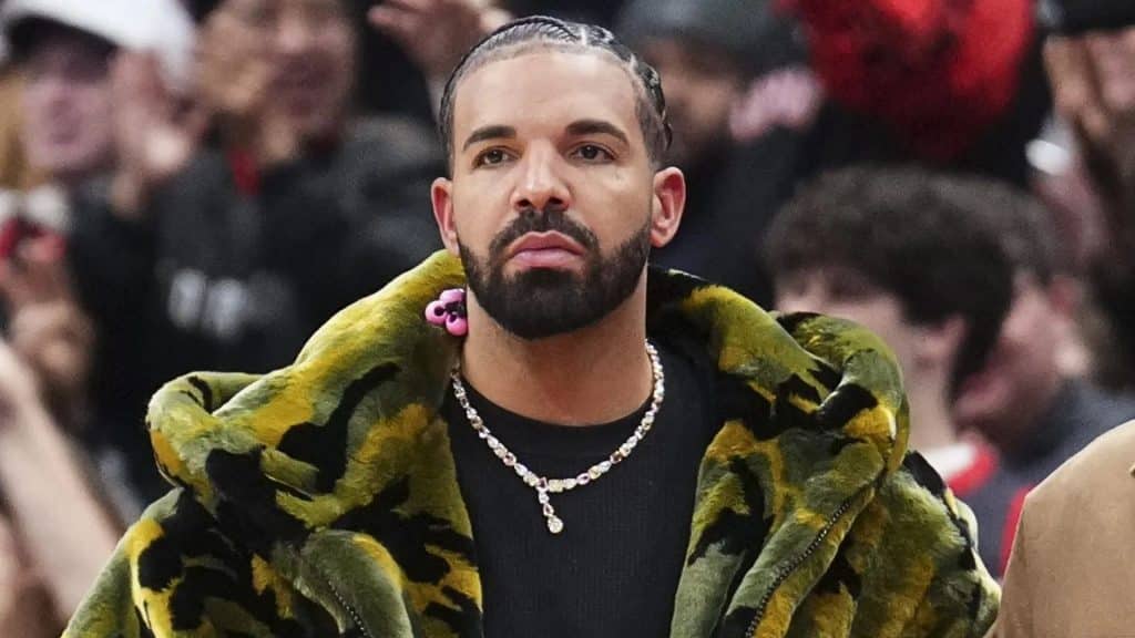 Drake courtside at a basketball game wearing a green patterned fur coat, black shirt, and diamond chain necklace