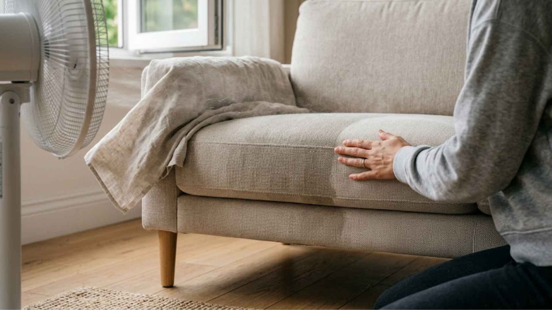 Light beige sofa drying with fan airflow and window light, fabric drying after cleaning process.