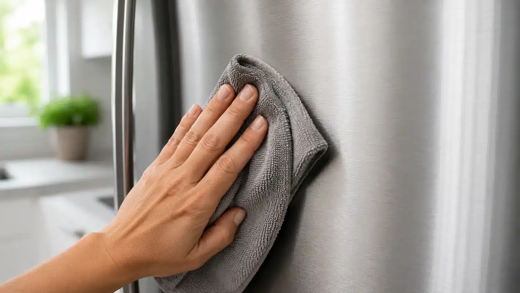 Dry microfiber cloth removing dust from stainless steel.