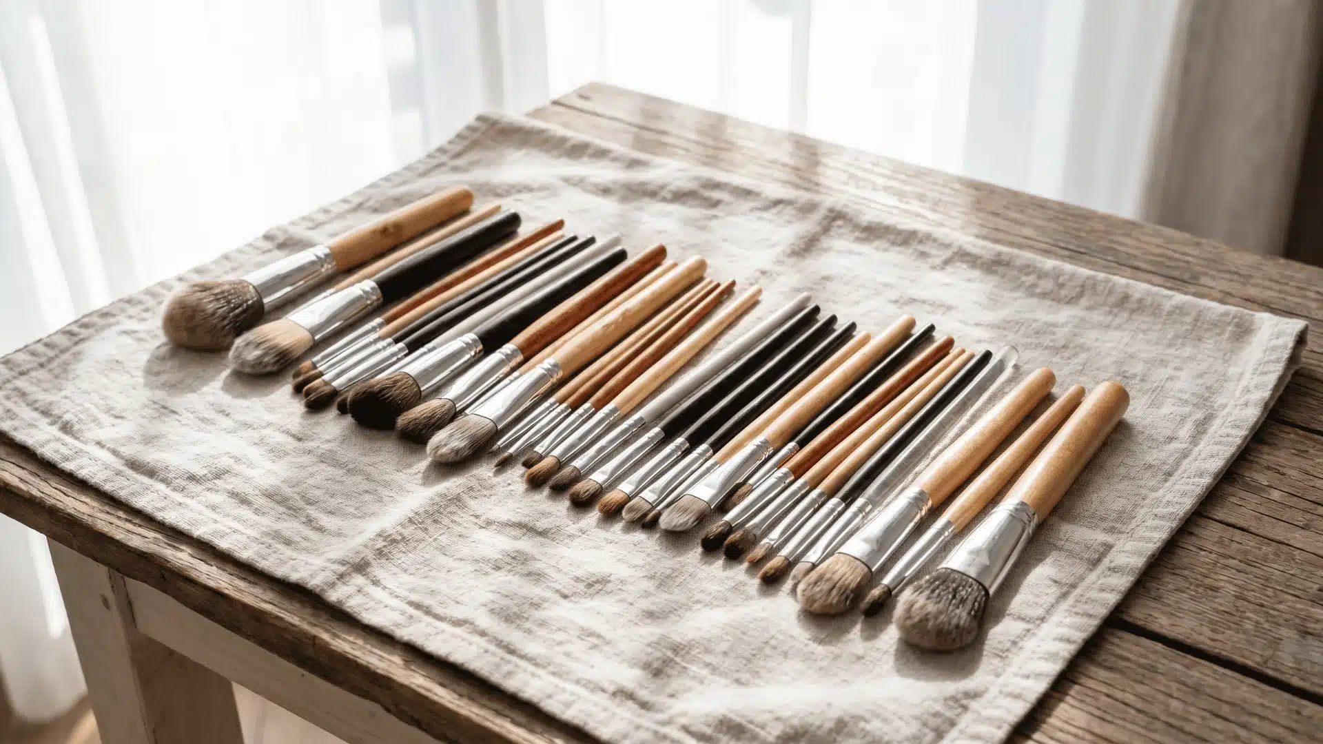 Makeup brushes laid flat on a towel, bristles angled downward to dry properly after cleaning.