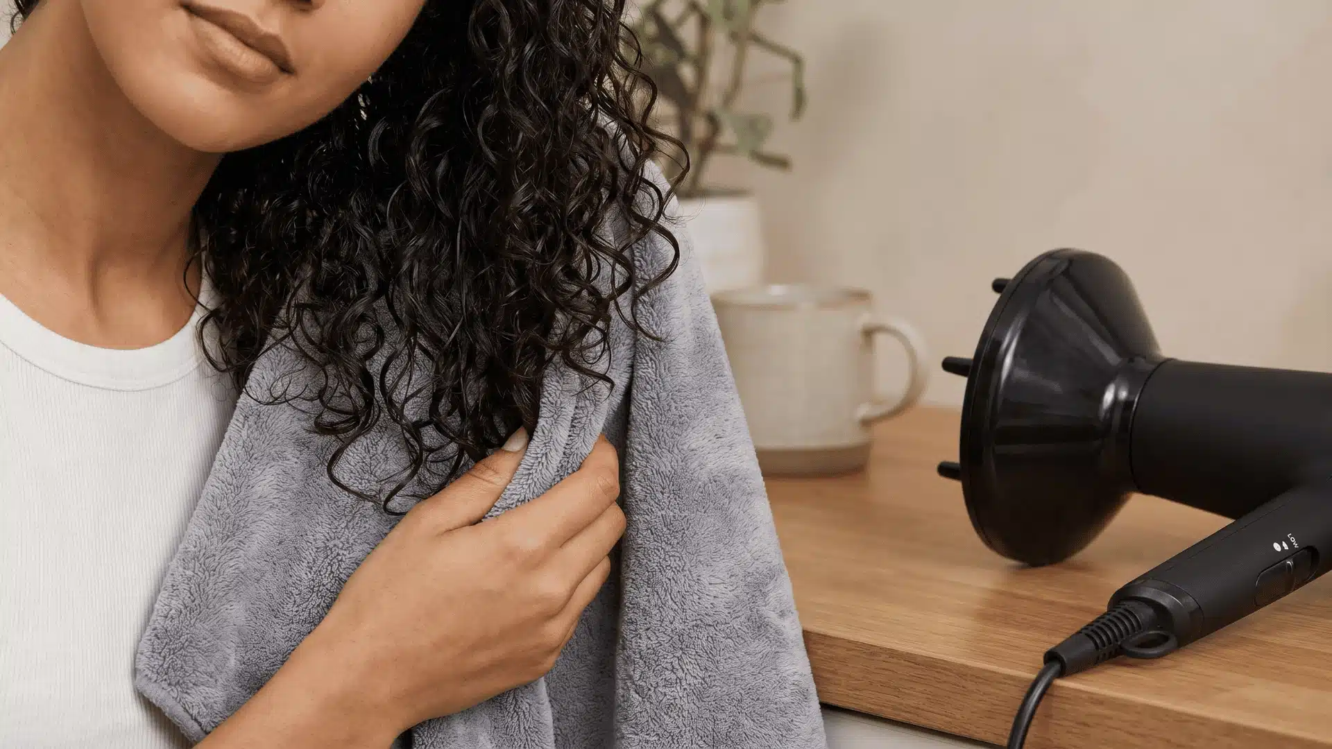 Drying curly hair using a microfiber towel and diffuser to preserve curl shape and reduce frizz.