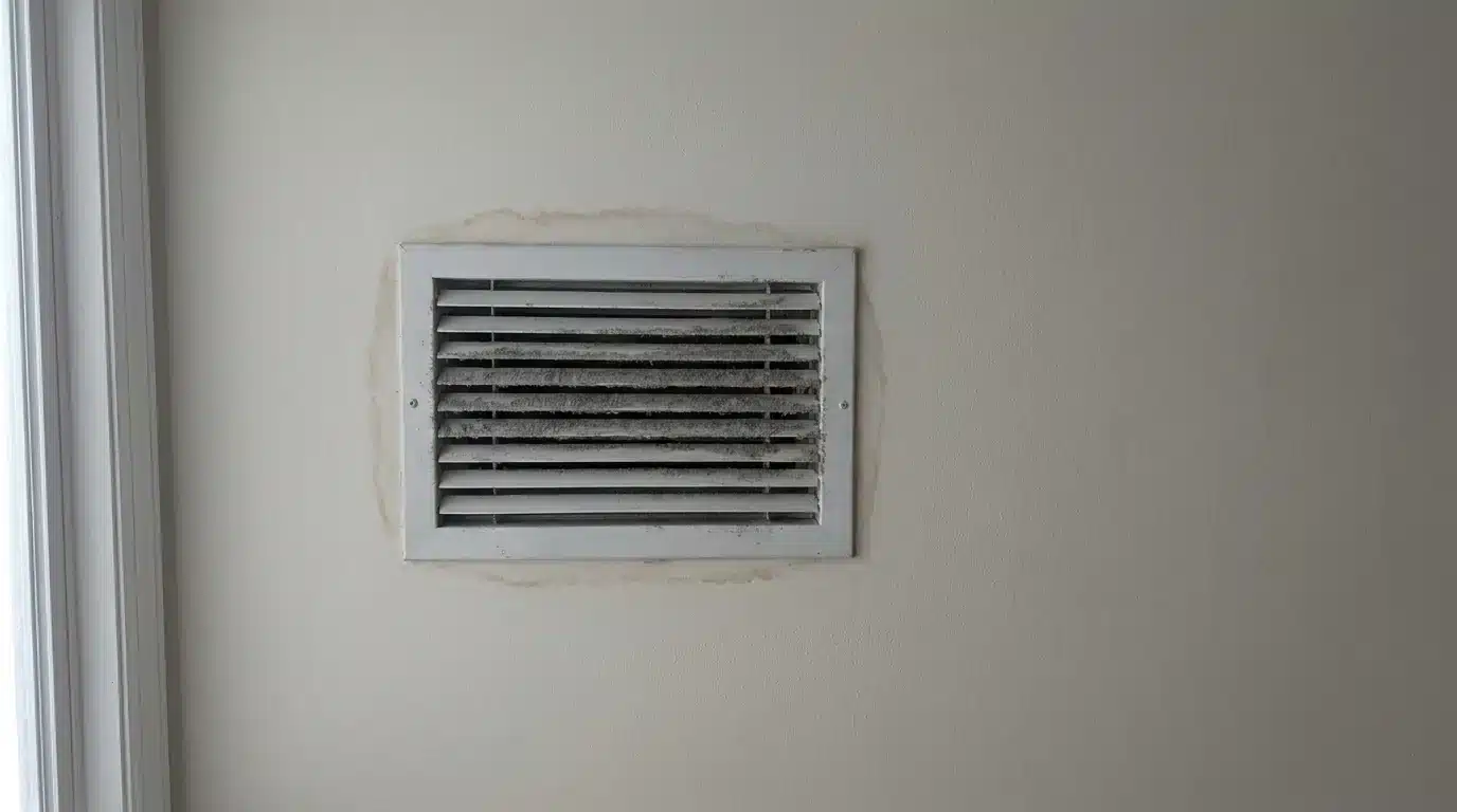 Dusty air vent on white wall in a dimly lit indoor space