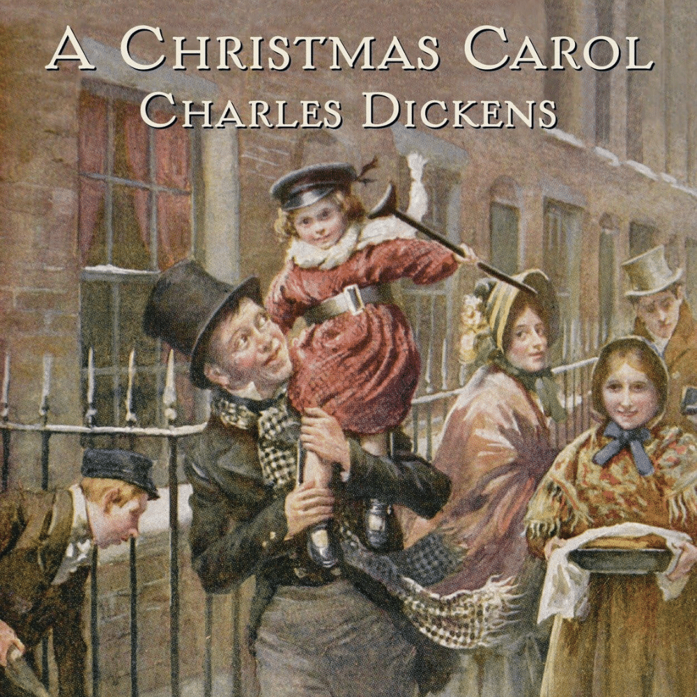 Vintage illustration from A Christmas Carol showing Ebenezer Scrooge carrying Tiny Tim through a snowy Victorian street