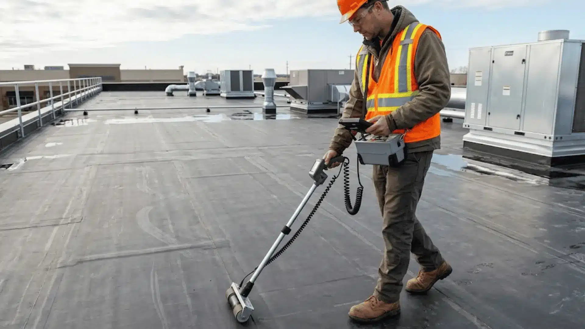 Technician using electronic leak detection equipment on a flat commercial roof to find hidden membrane leaks.