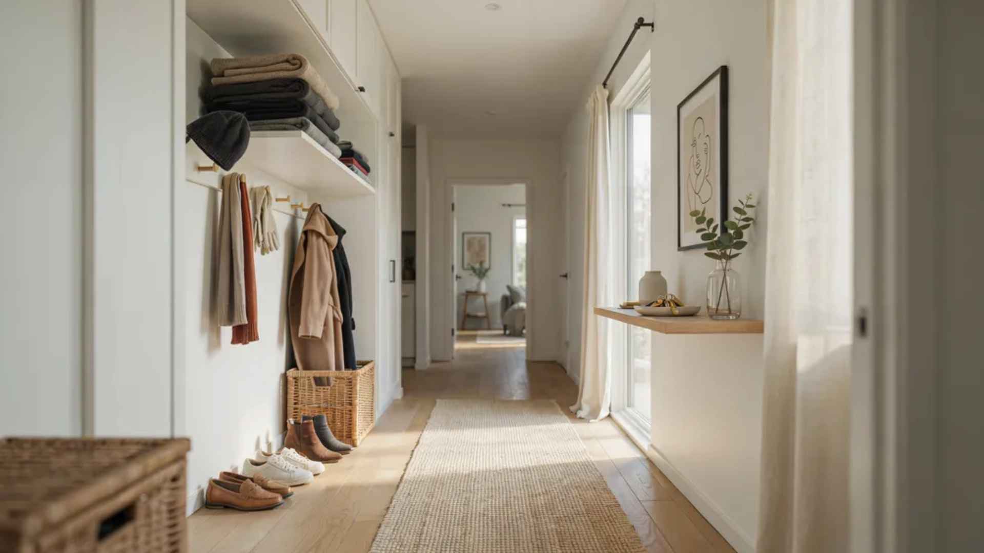 Minimalist entryway tidy with organized shoes, coats, accessories, mail, and keys, welcoming and clear.