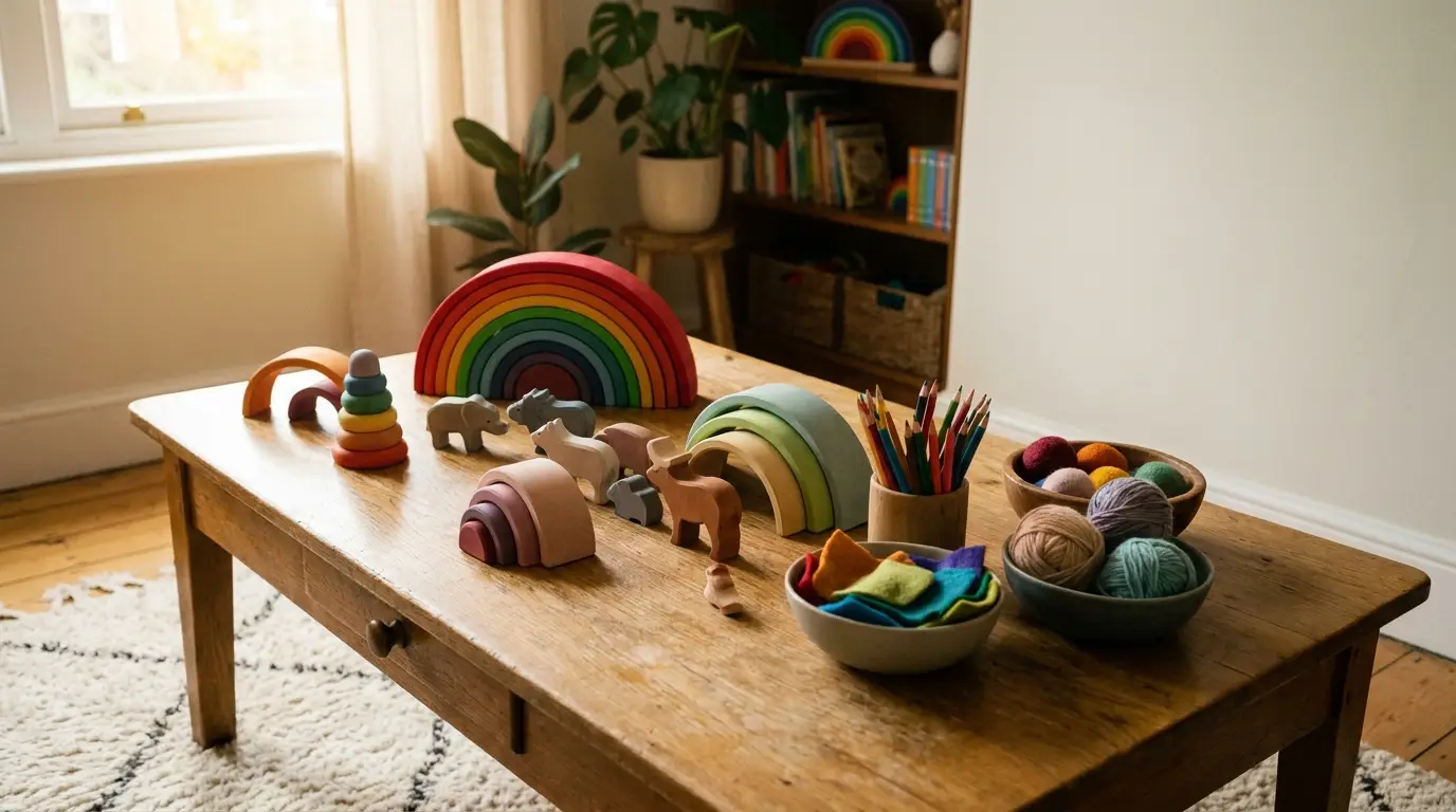 Wooden toys and colored pencils on a wooden table in a cozy playroom setting