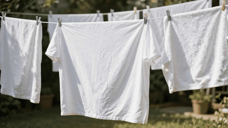 Freshly washed clothes drying on an outdoor clothesline in sunlight to prevent excess indoor moisture.