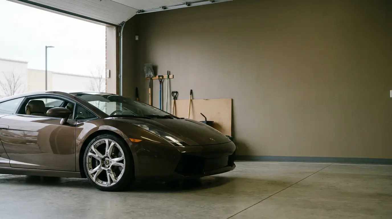 Brown sports car parked inside a garage with tools on the wall