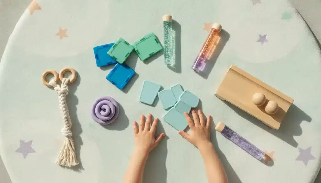 Child's hands playing with colorful Montessori toys on patterned play mat