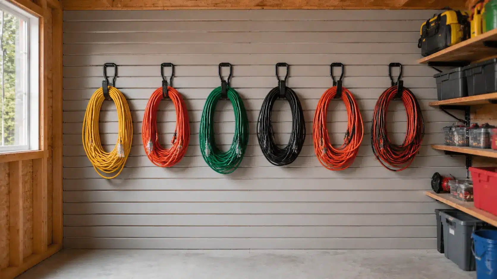 Extension cords hanging on hooks