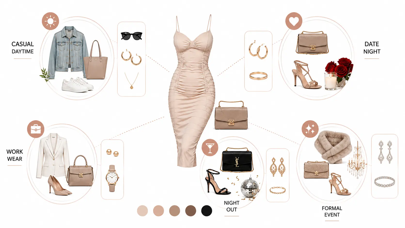Fashion infographic showing a bodycon dress styled for different occasions and events