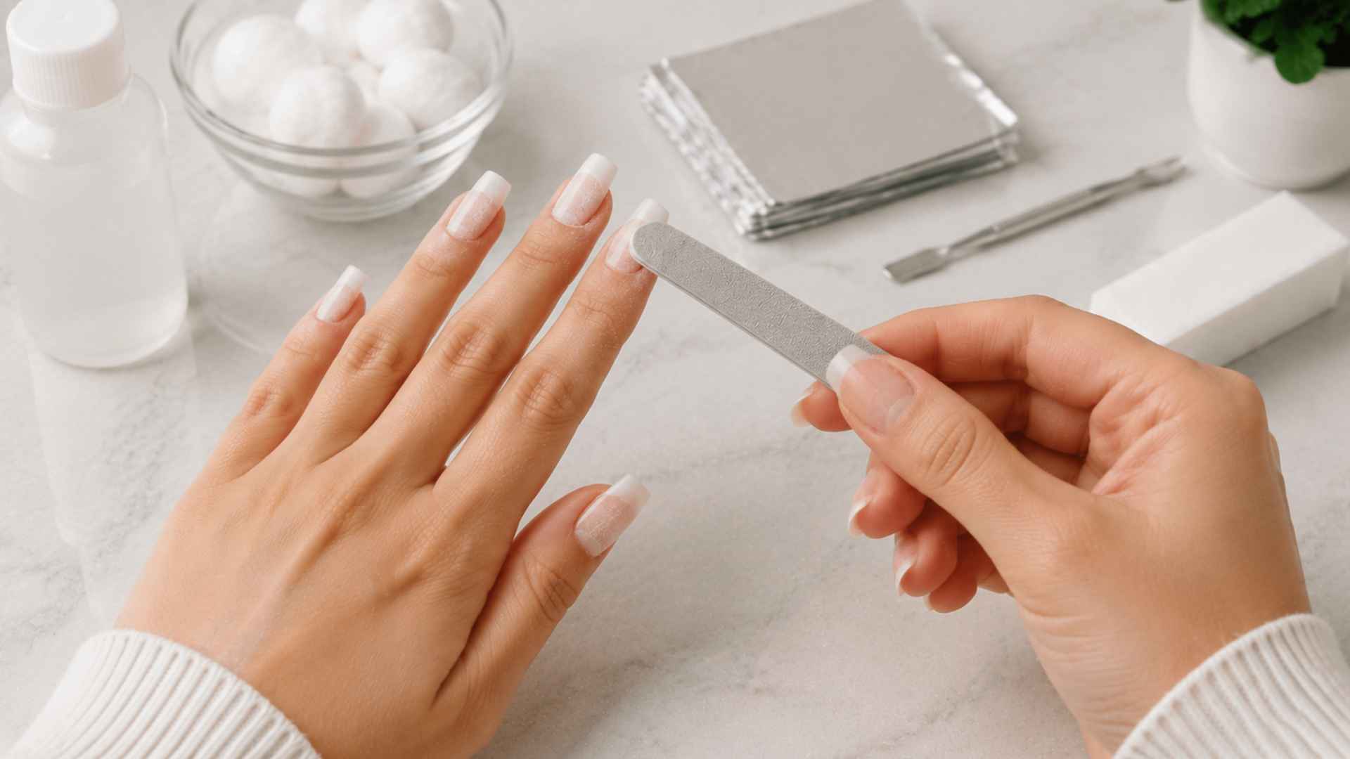 Person using a coarse nail file to buff the shiny top layer from acrylic nails on a marble surface, with acrylic nail removal supplies arranged nearby.