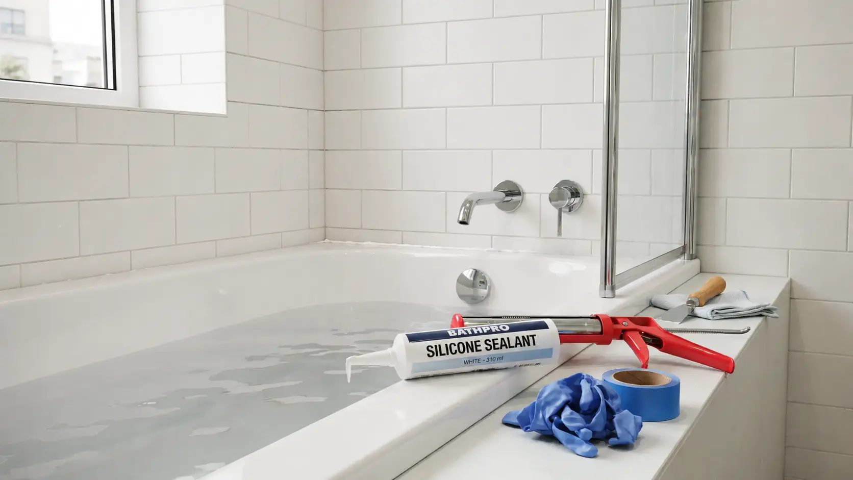Bathtub partially filled with water to settle the joint before applying caulk.