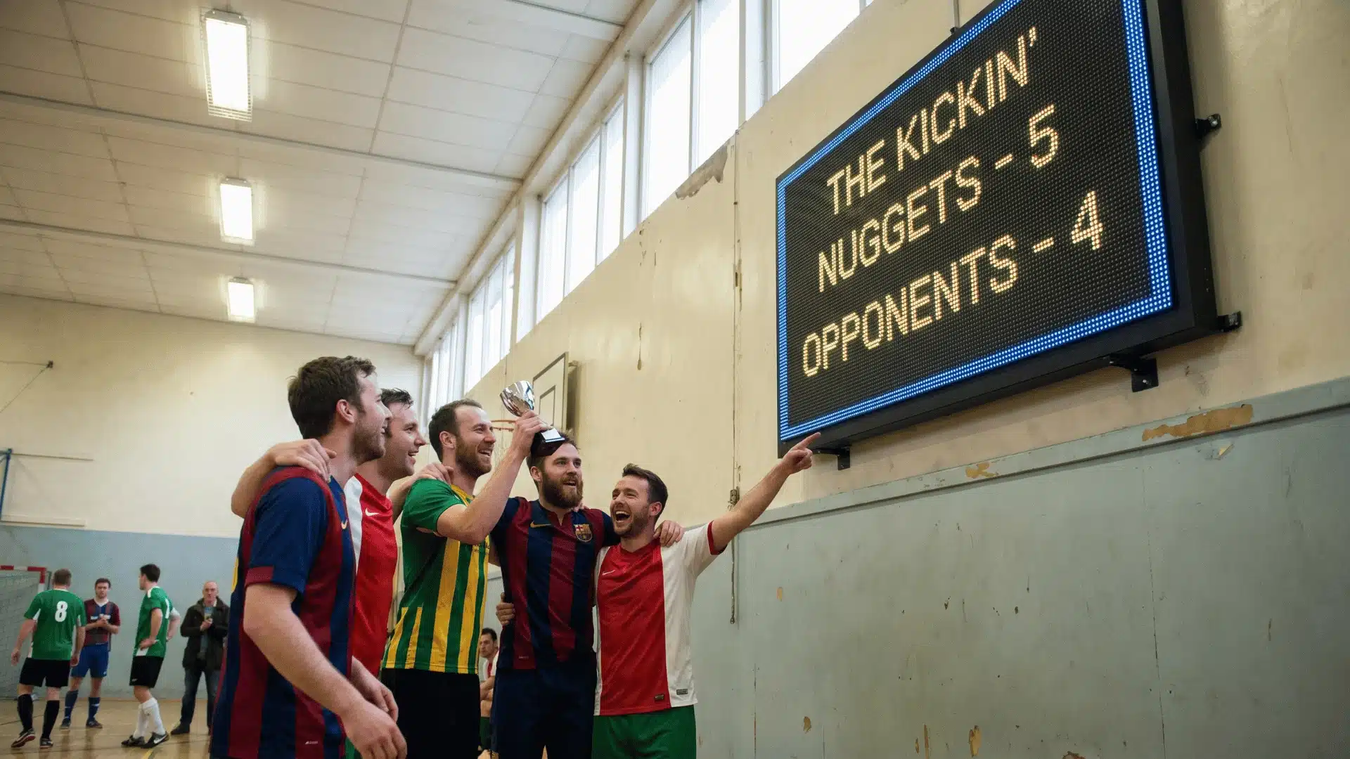 player's celebrating on an indoor pitch as a scoreboard or screen displays a funny team name.
