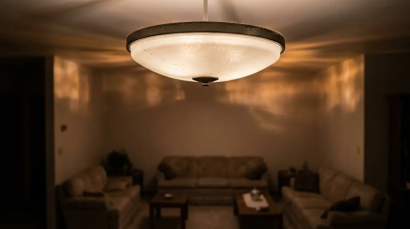 Ceiling light fixture illuminating cozy living room with two beige sofas and wooden coffee table
