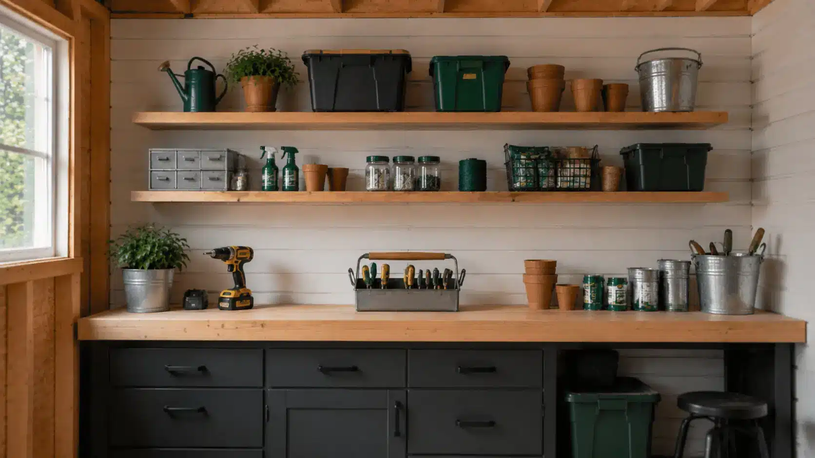 Floating shelves above a workbench