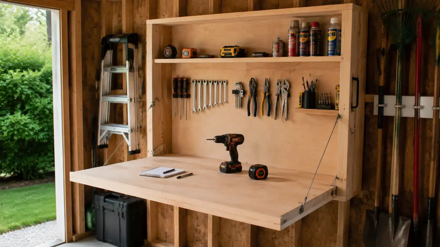 Fold-down workbench in shed