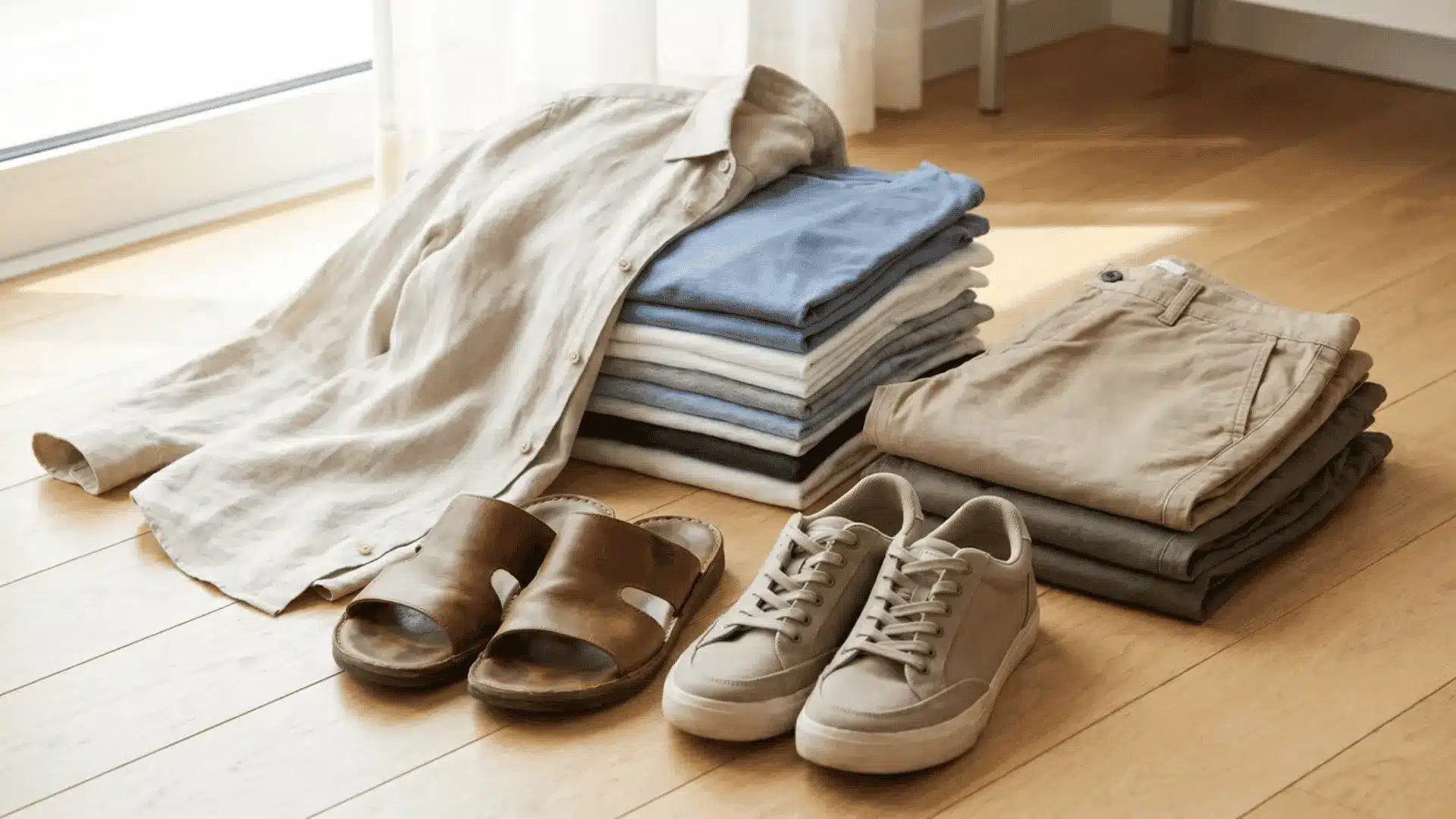 sandals sneakers and linen overshirt arranged with folded summer clothing pieces