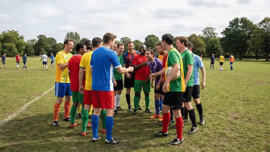 Adult soccer team laughing together on a grassy field, showing humor and camaraderie before a match.