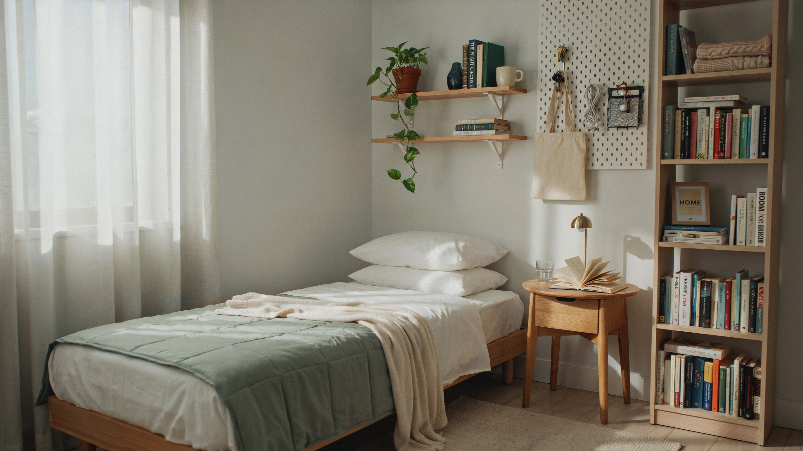 Small bedroom with wall shelves, pegboard, and tall bookcase, neatly organized.
