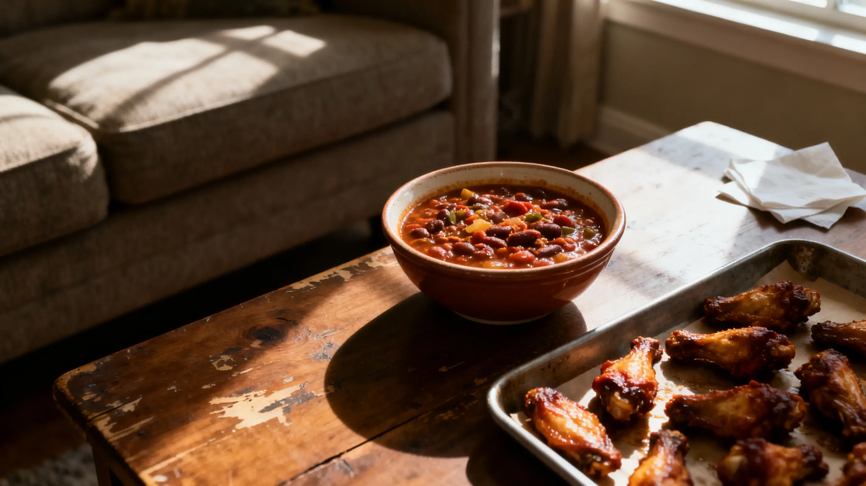 Bowl of chili and tray of chicken wings on rustic wooden table in sunlit room