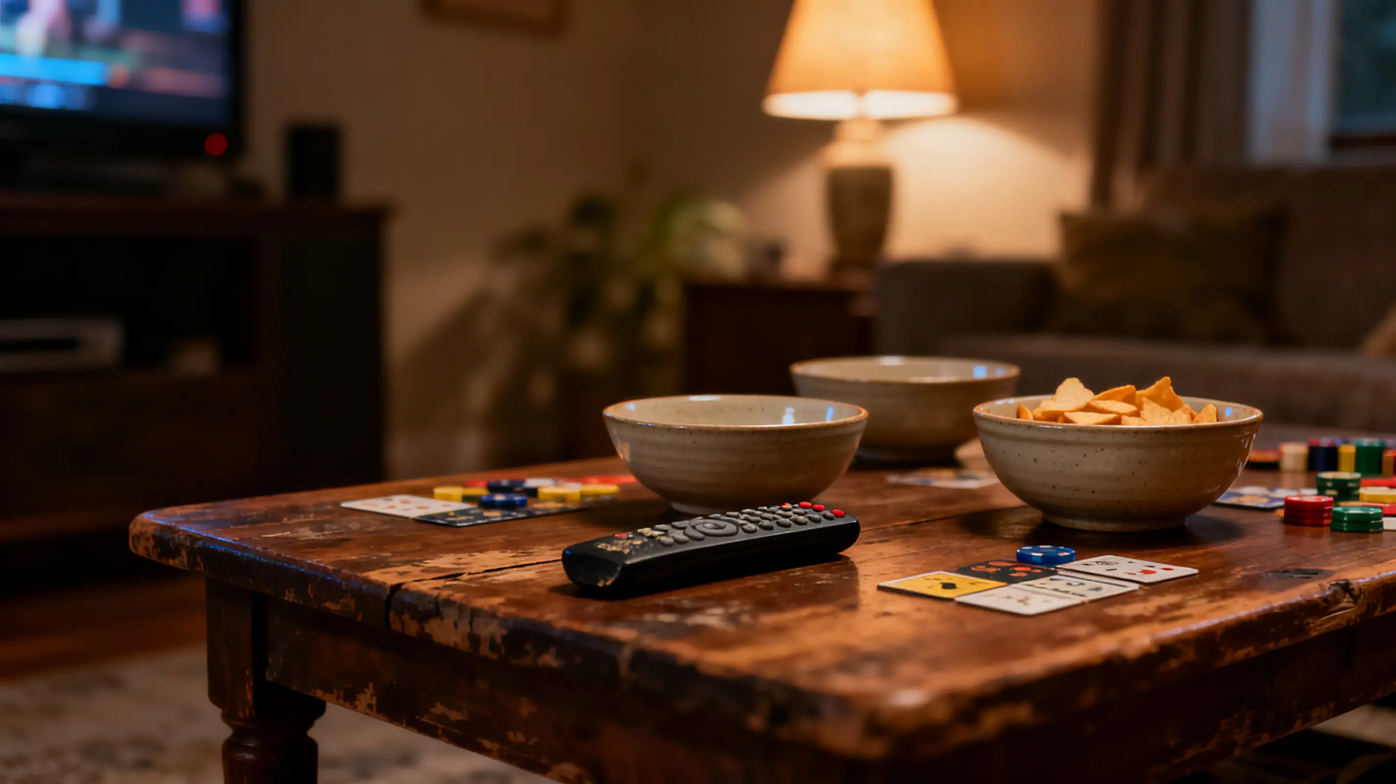 Poker chips and cards on rustic wooden table with bowls of snacks in cozy living room