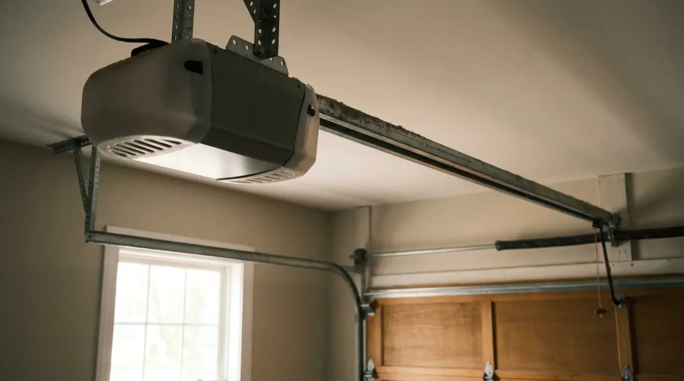 Ceiling-mounted garage door opener in dimly lit garage with wooden door and metal rails