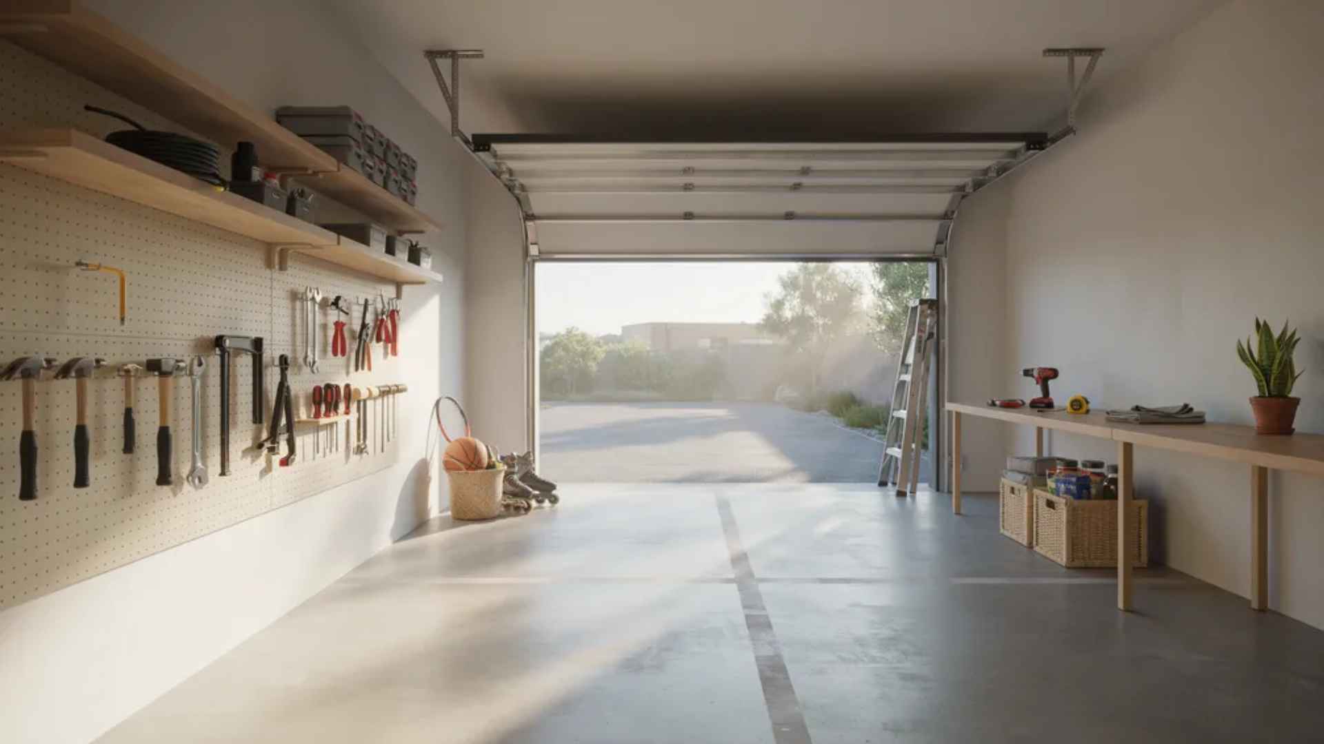 Minimalist garage and outdoor space tidy with organized tools, sports gear, and seasonal items, bright and functional.