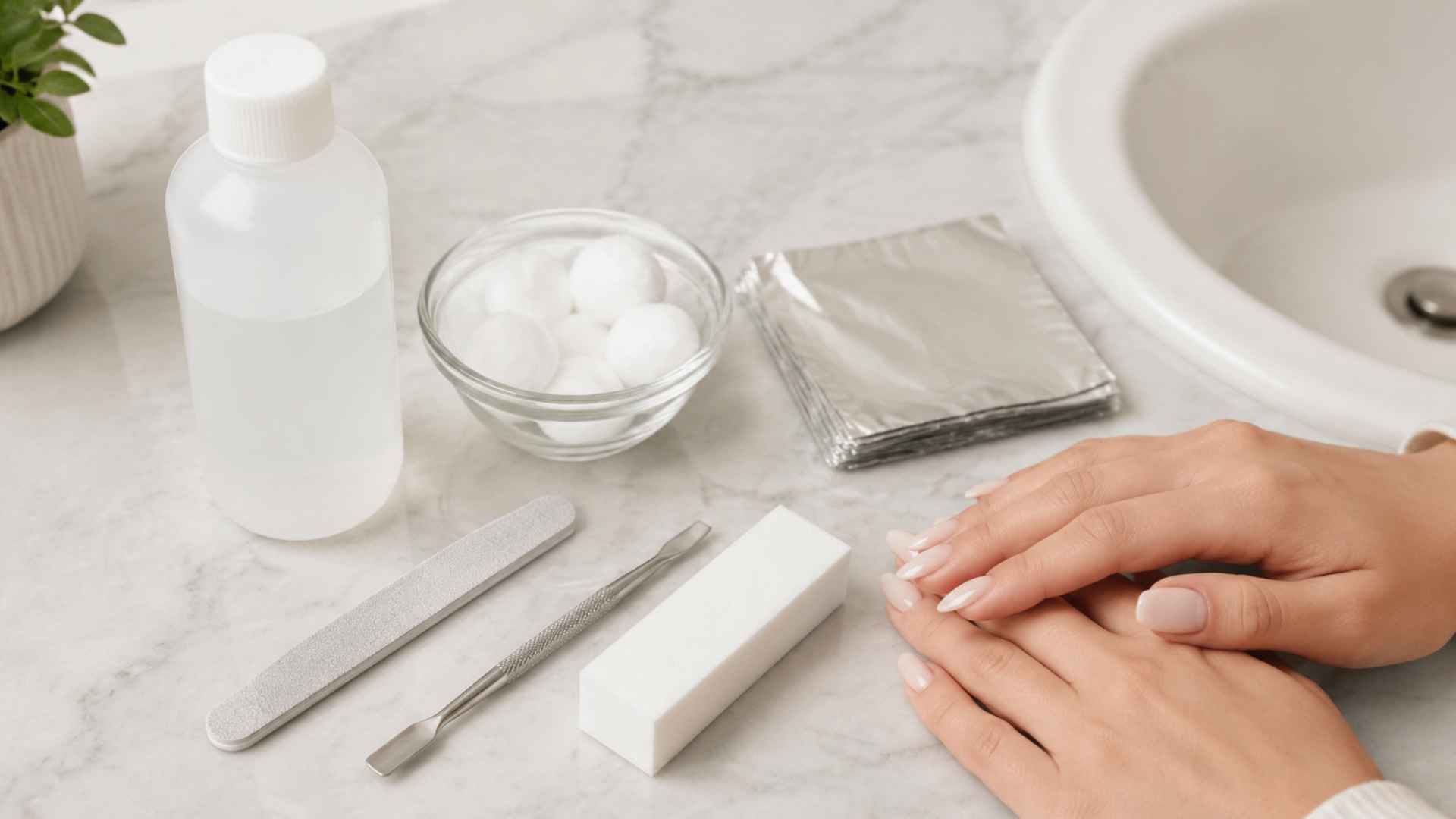 Acetone, cotton balls, foil wraps, a nail file, a cuticle pusher, and a buffer arranged before starting acrylic nail removal.