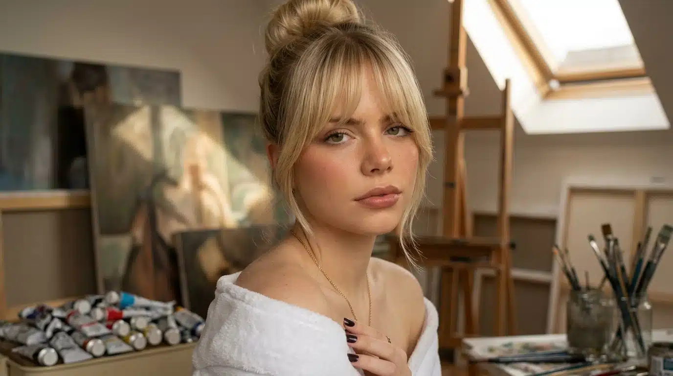 Grown out fringe blending into the rest of the hair on a blonde woman in a soft art studio setting
