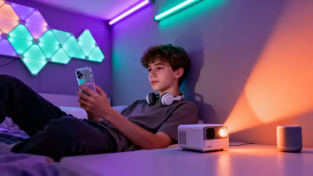 Teen using smartphone in dimly lit room with colorful LED lights and a projector