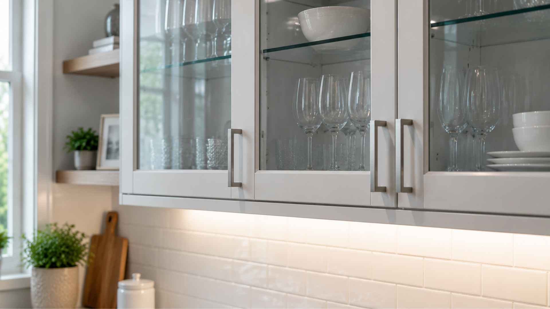 White and gray glass-front cabinets displaying glassware, with subway-tile backsplash.