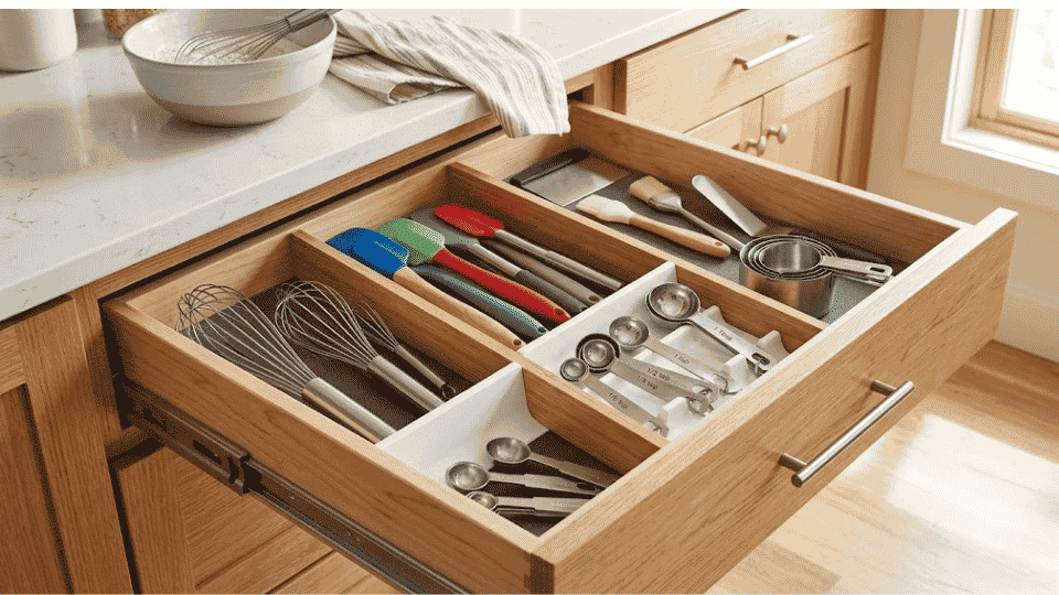 Kitchen drawer organized with whisks, spatulas, and measuring tools neatly divided.